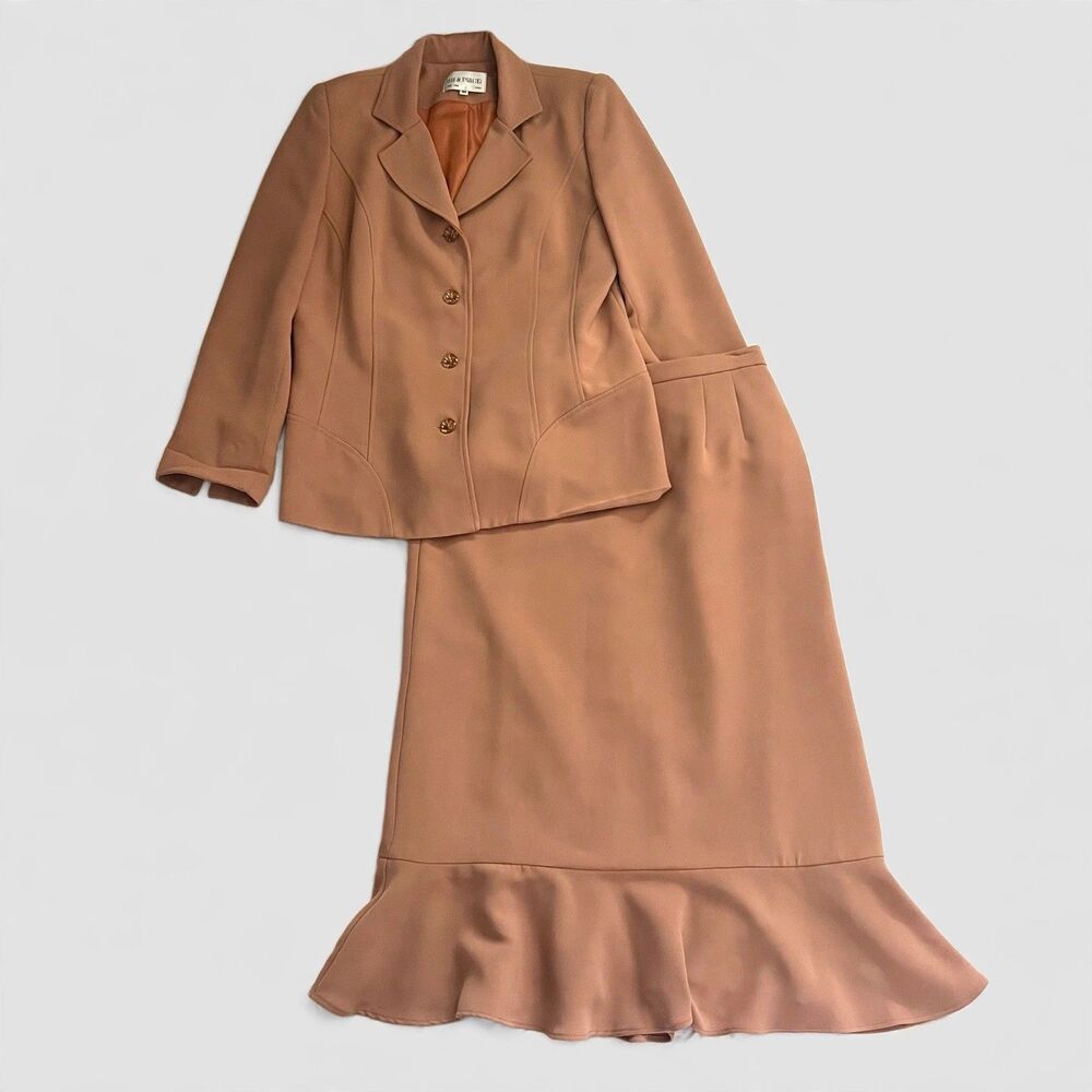 Lily & Taylor Tan Brown Faceted Button Blazer & Ruffled Maxi Skirt Set Womens 10